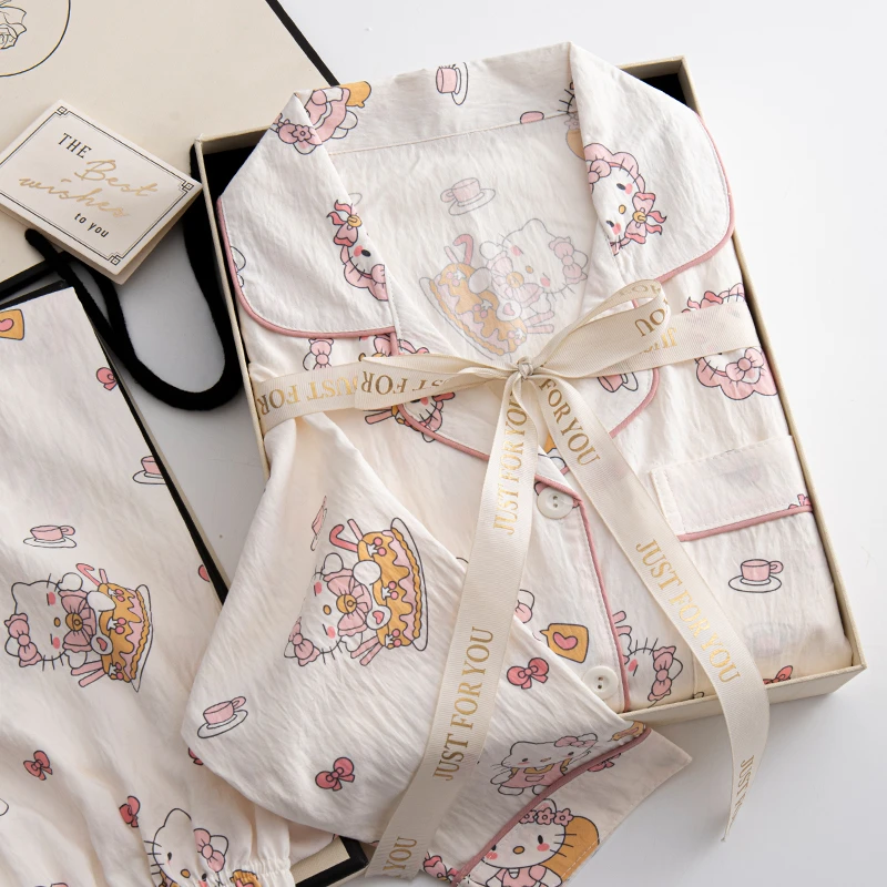 【kt猫】韩系可爱睡衣女春秋款长袖长裤日系套装云朵棉开衫家居服夏