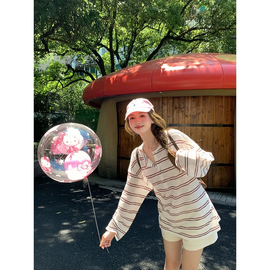 夏日薄款防晒长袖t恤女v领时尚条纹上衣显瘦宽松慵懒风罩衫女