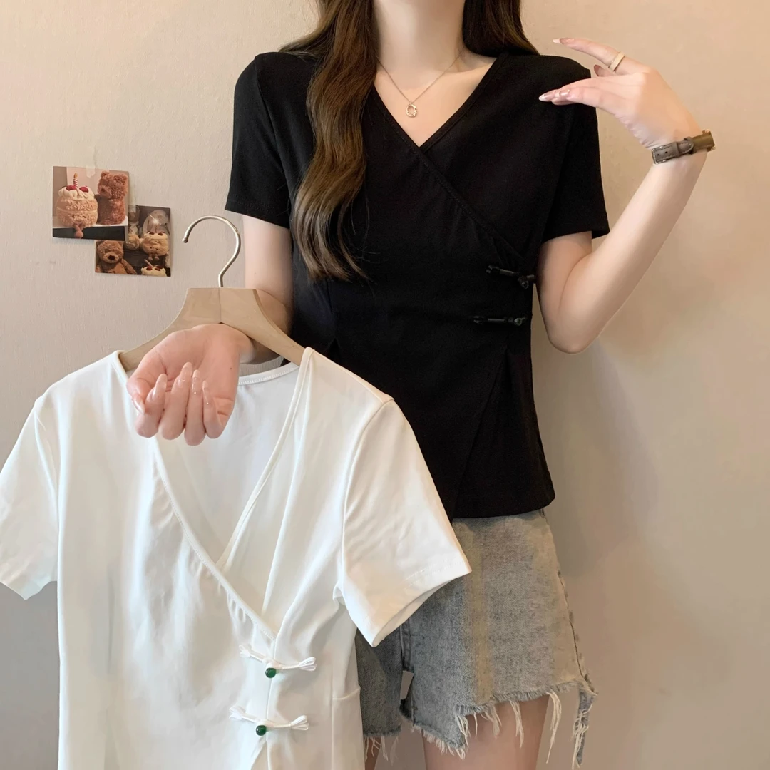 大码新中式国风盘扣正肩短袖t恤女胖妹妹收腰显瘦不规则v领上衣