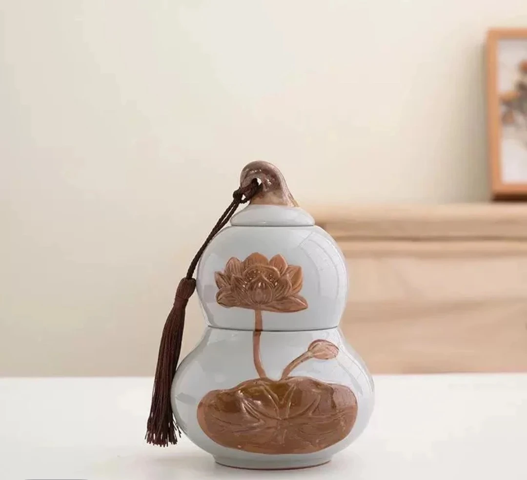 Q054-哥窑葫芦莲花茶叶罐（天青色）