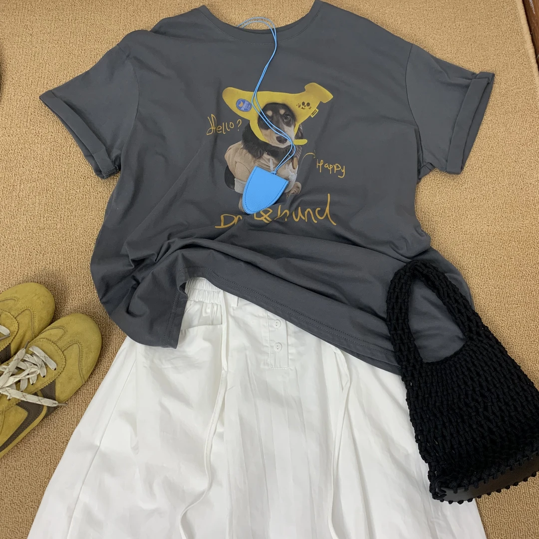 套装T恤短袖女生气质香蕉狗印花灰色休闲+白色双层直版半身裙