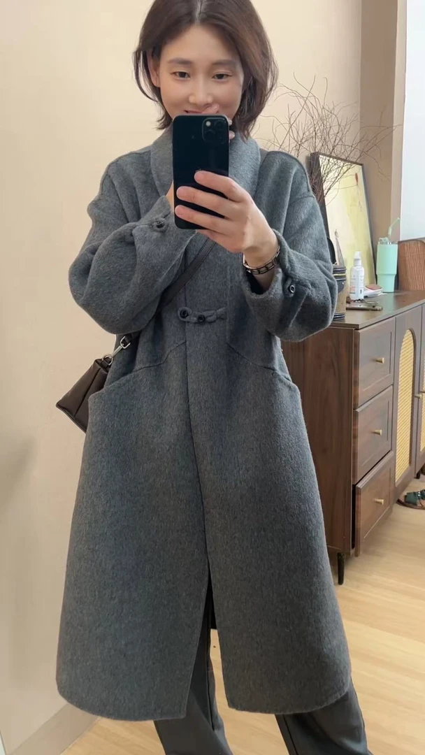 2025年韩版小个子纯色气质翻领大衣J10双面羊毛大衣