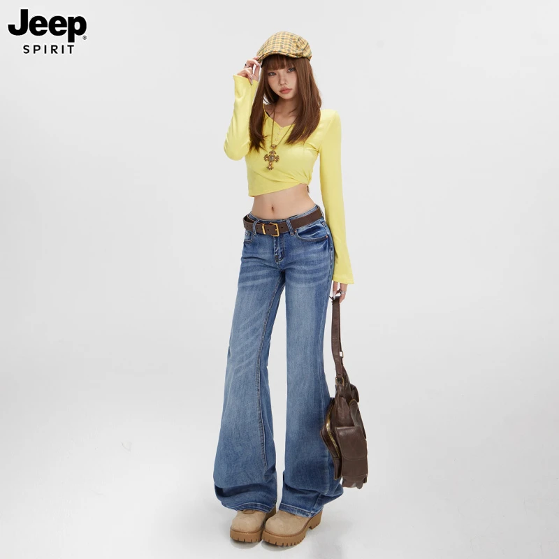 Jeep吉普美式复古蓝微喇牛仔裤女秋季低腰修身显瘦马蹄拖地长裤子
