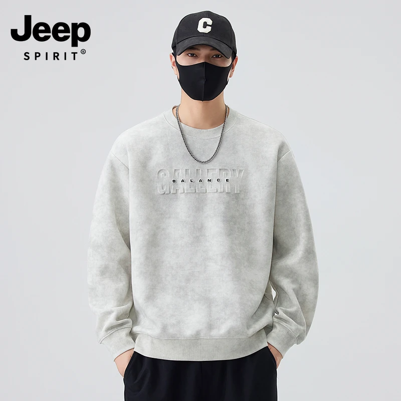 Jeepspirit扎染圆领卫衣男秋冬季2025新款钢印宽松男士上衣打底衫