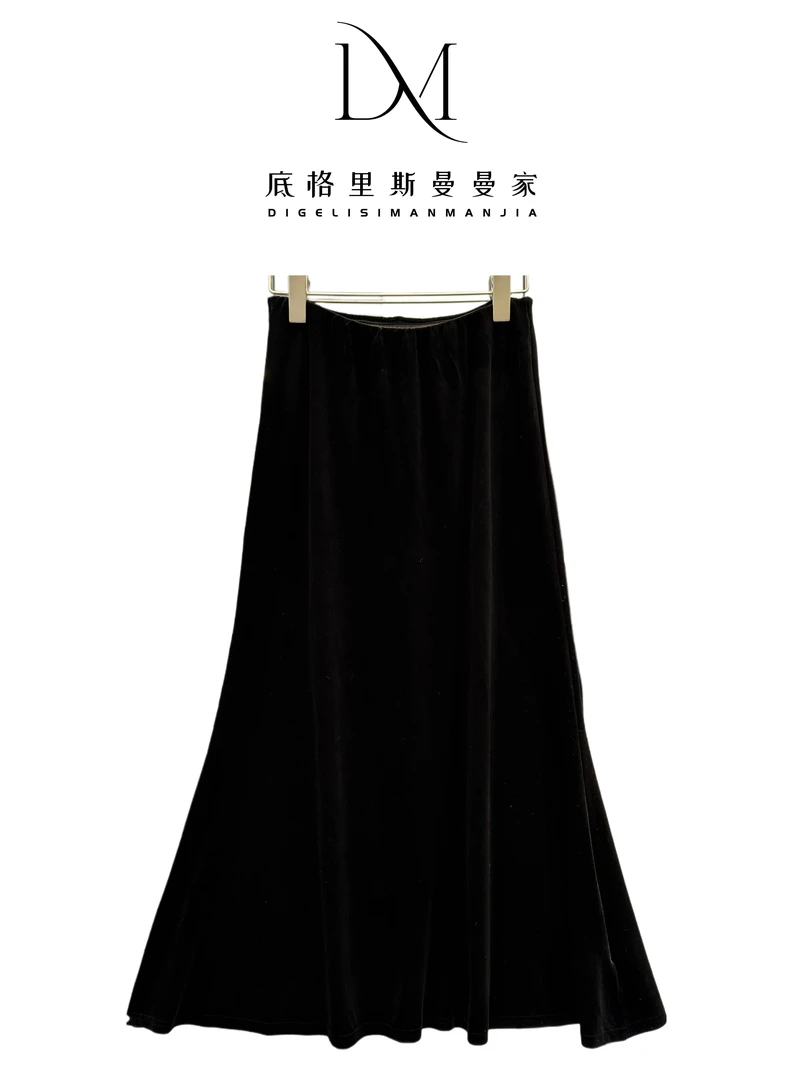 (底格里斯)黑色丝绒高腰A字显瘦半身裙