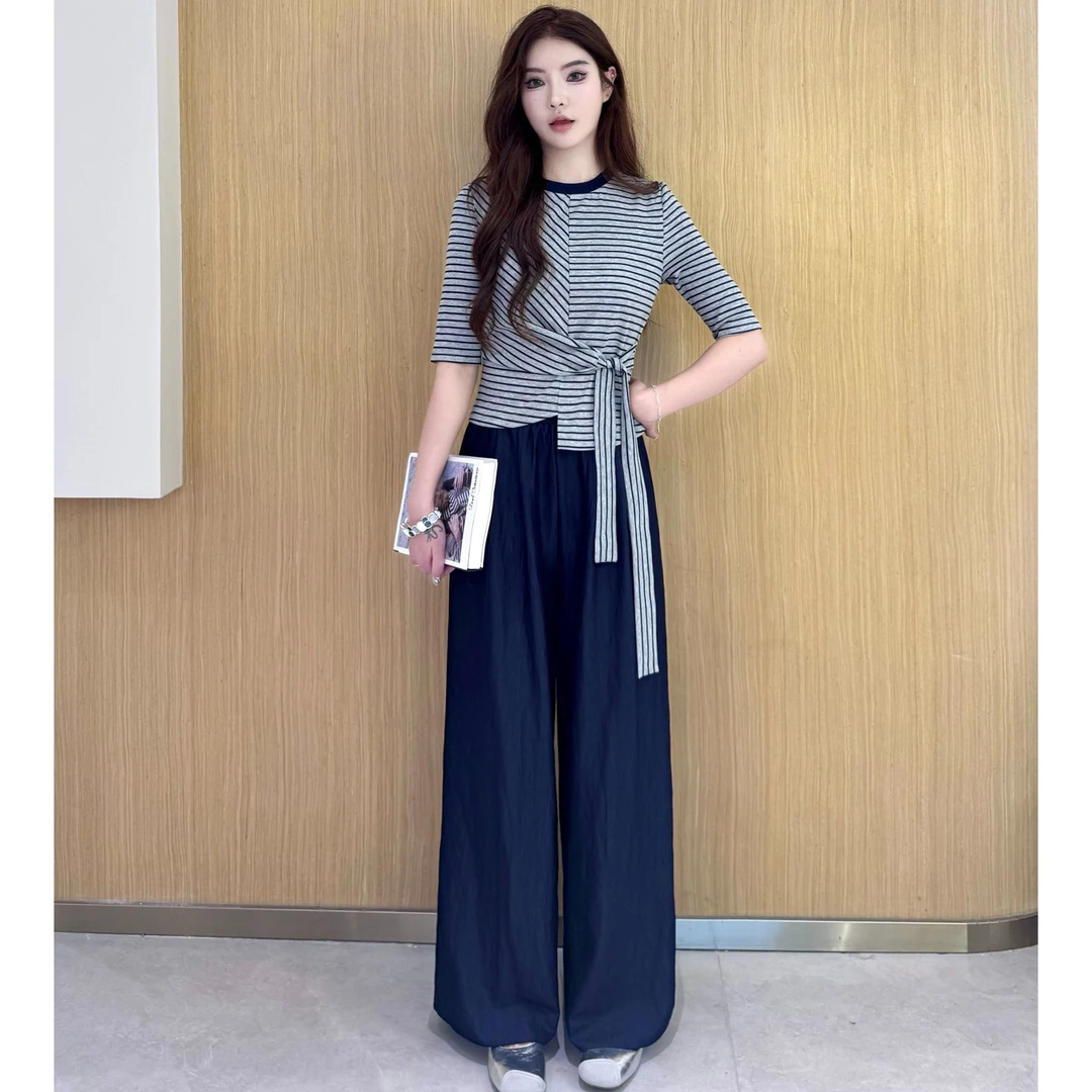 2025新款时尚套装女洋气减龄显瘦条纹中袖T恤阔腿裤两件套春秋装
