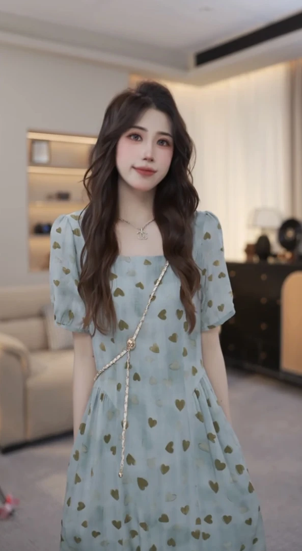 【有口袋】夏季新款方领显瘦中长款时尚设计感高腰短袖连衣裙6001