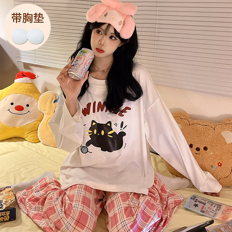 带胸垫睡衣女春秋季长袖青少年初中生女孩少女风大童防凸点家居服