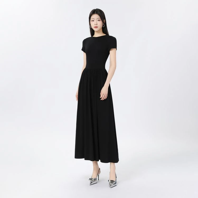 哥弟真的好黑色气质新款中长裙知性优雅短袖连衣裙850001夏季