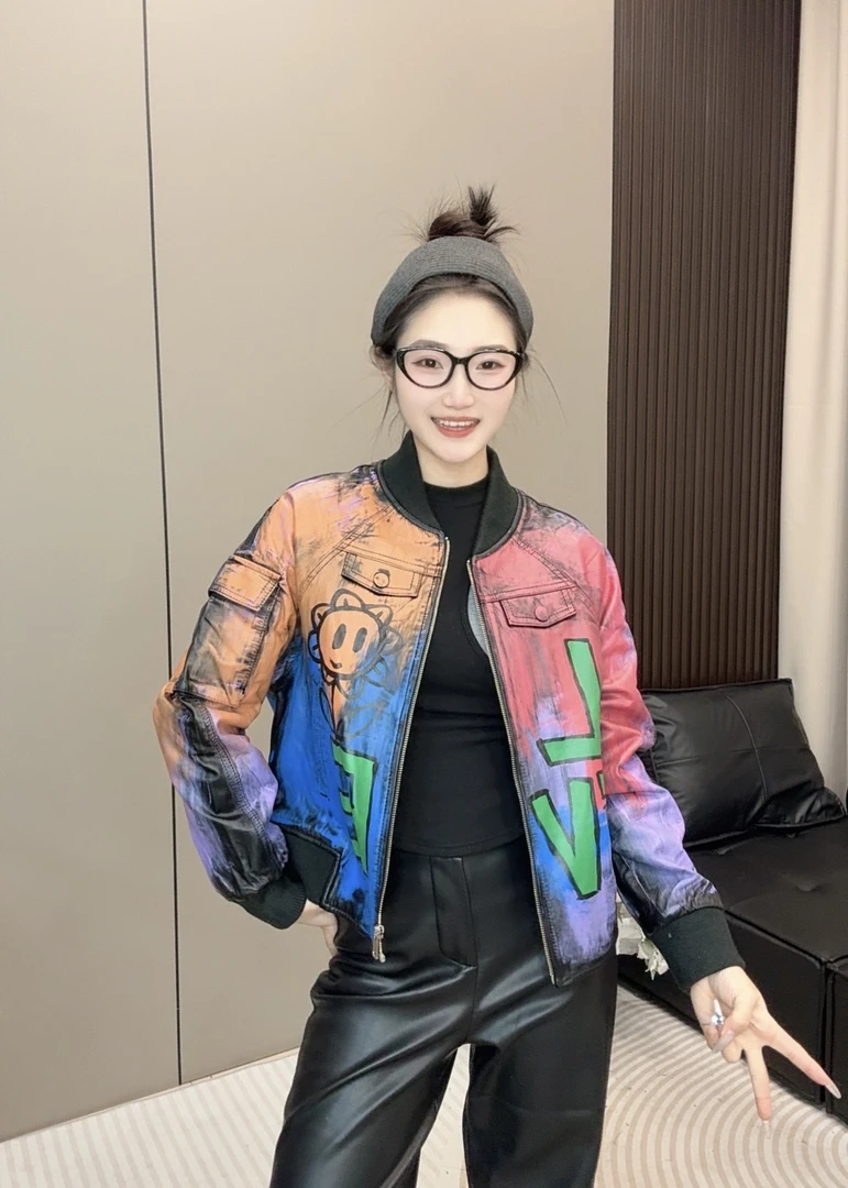 CL-韩系休闲棒球服印花真皮皮衣外套