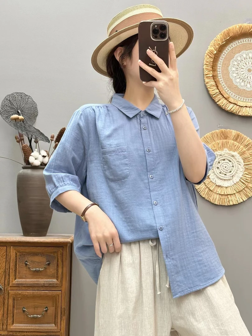 【纯棉100%】夏季薄款短袖女士衬衫时尚欧若五分袖纯色宽松衬衫