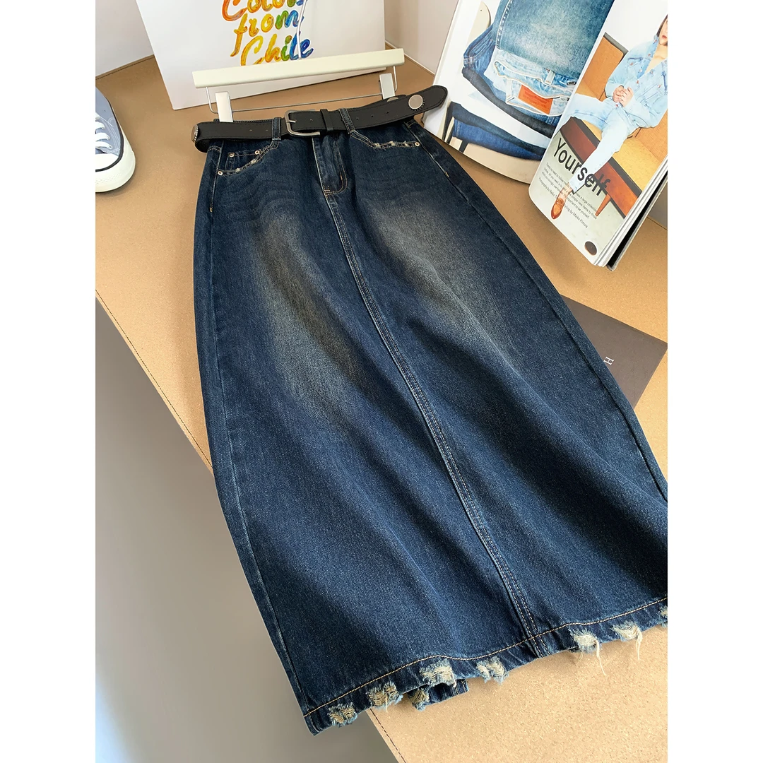 复古毛边牛仔半身裙女2025秋季新品遮胯韩系高腰蓝色A字中长裙子