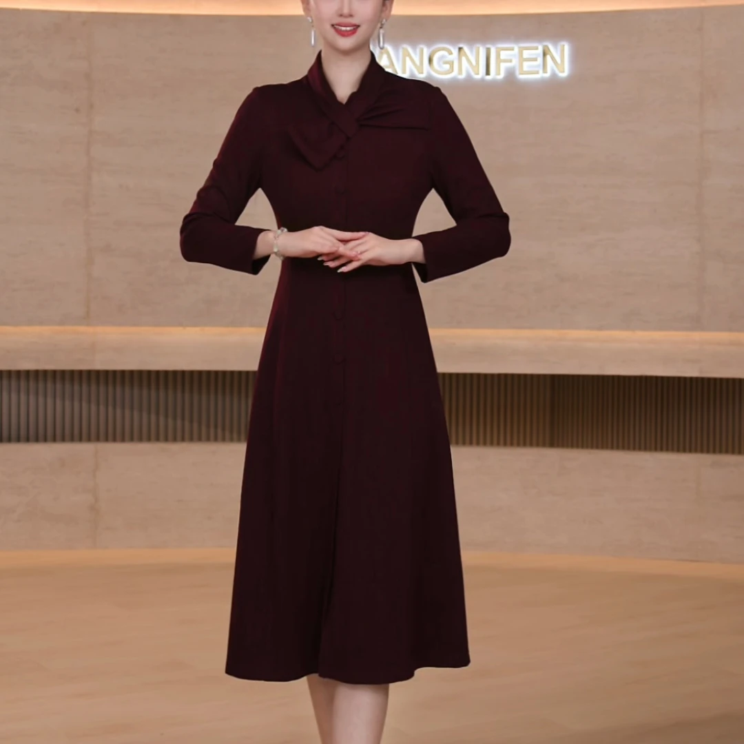 【香妮芬】83556秋冬季新款酒红显瘦女装连衣裙长袖长裙