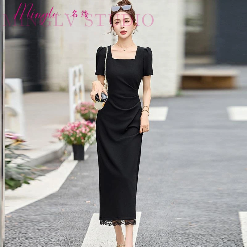 名缕法式气质方领修身连衣裙女夏2025新款高级感黑色气质一步裙