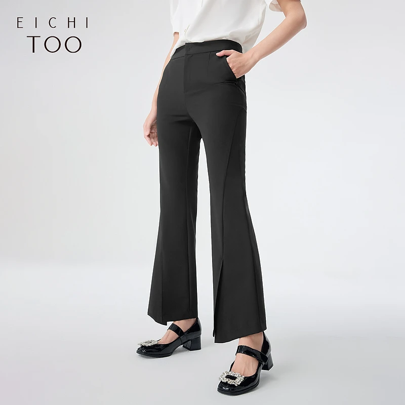 A爱居兔夏季六维弹面料纯黑色喇叭裤休闲裤EKEBJ2N801A
