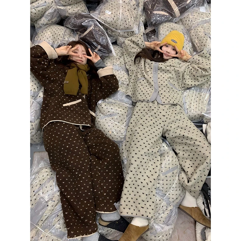 韩系波点甜美气质米粒绒睡衣女秋冬新款加厚保暖家居服套装可外穿