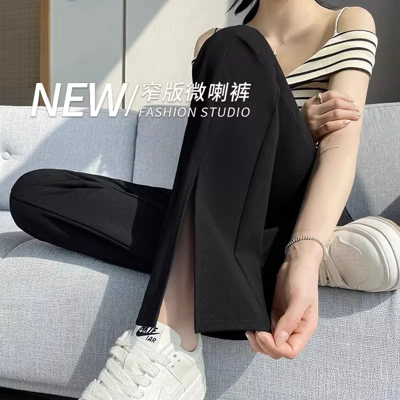 松弛感拉满~开叉冰丝喇叭裤女2025新款小个子垂感高级感西装微喇