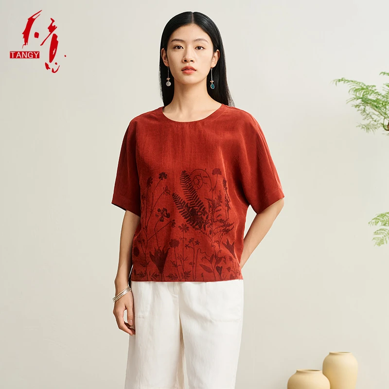 2025夏季新商场同款欧诺新中式桑蚕丝印花女士T恤2252042