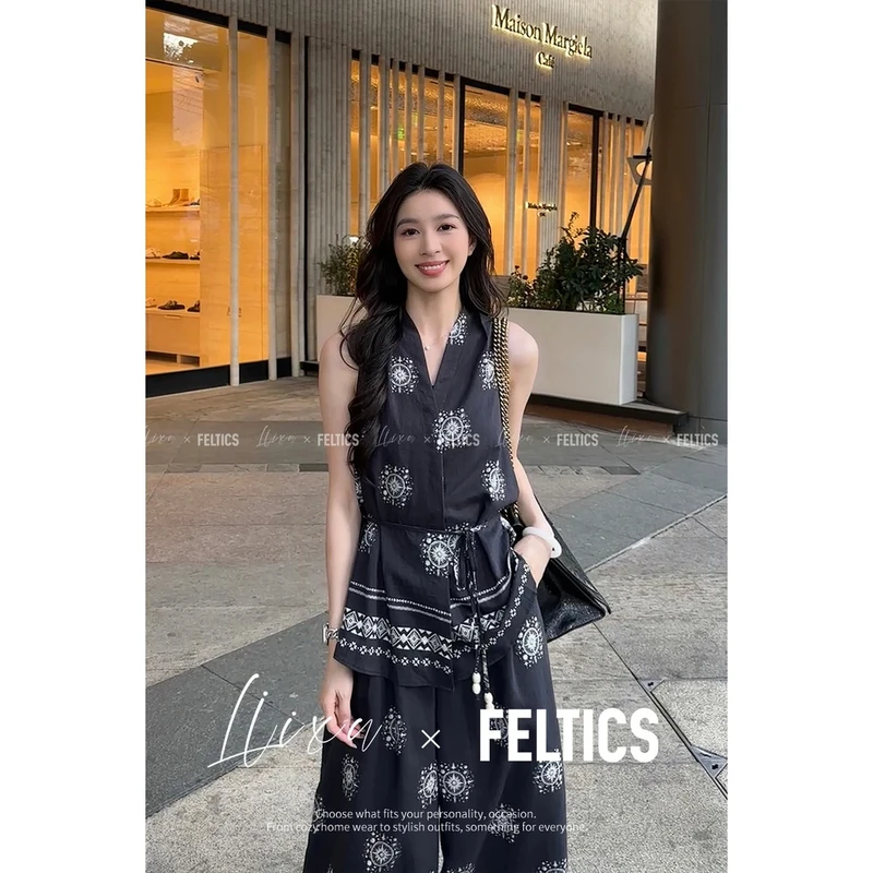 夏季复古印花收腰无袖背心高腰阔腿裤三件套