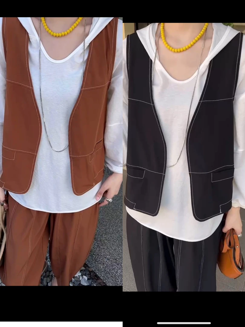 休闲风时尚套装夏季时尚宽松韩版潮流无袖百搭设计师马甲8988