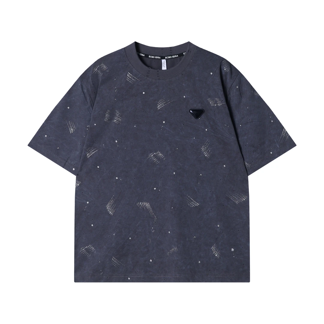 春夏新款时尚个性扎染磨破圆领倒三角短袖上衣潮流轻奢套头上衣