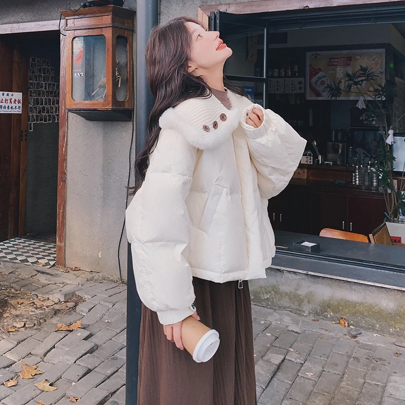 洋气漂亮针织大娃娃领羽绒服女2025冬季小个子宽松短款白鸭绒外套