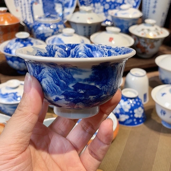 清*山水内绘诗文压手杯