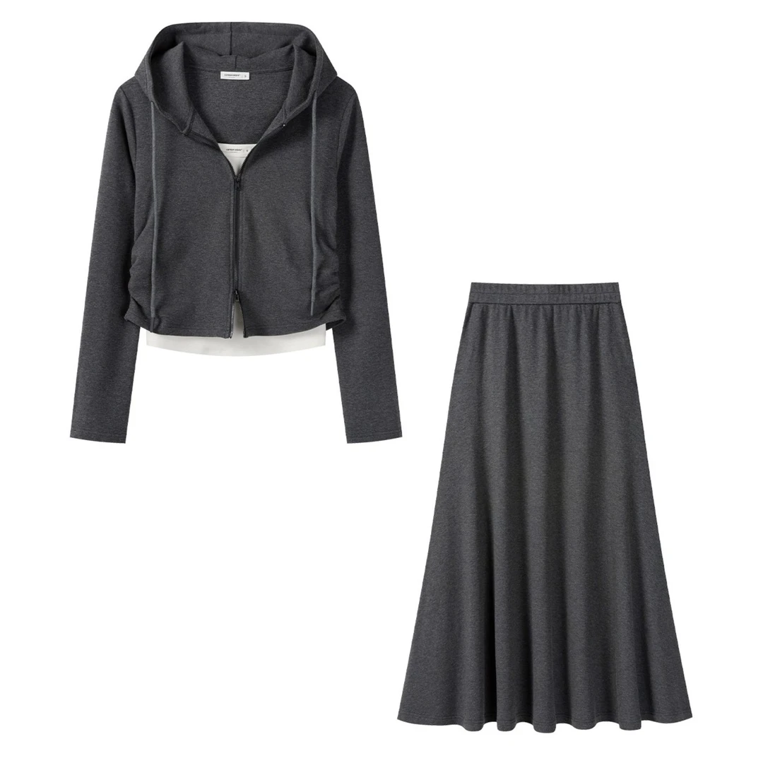 羊城故事-粉色连帽短外套吊带套装女a字半身裙三件套Y50953860