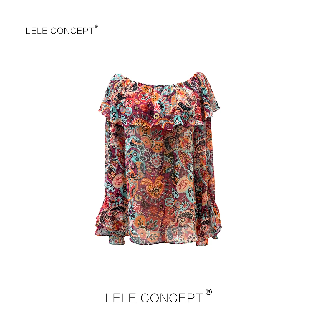 LELE CONCEPT丨时尚复古风碎花一字肩上衣S1122