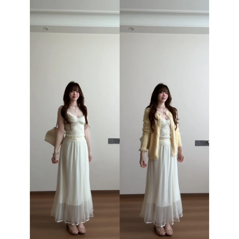 MARIE.COCO秋季新款温柔风黄色针织外套蕾丝吊带背心网纱半身长裙