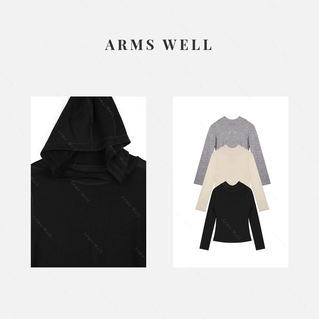 ARMS WELL王囡囡 灰/黑/米黄色美丽诺羊毛连帽长袖上衣 S239