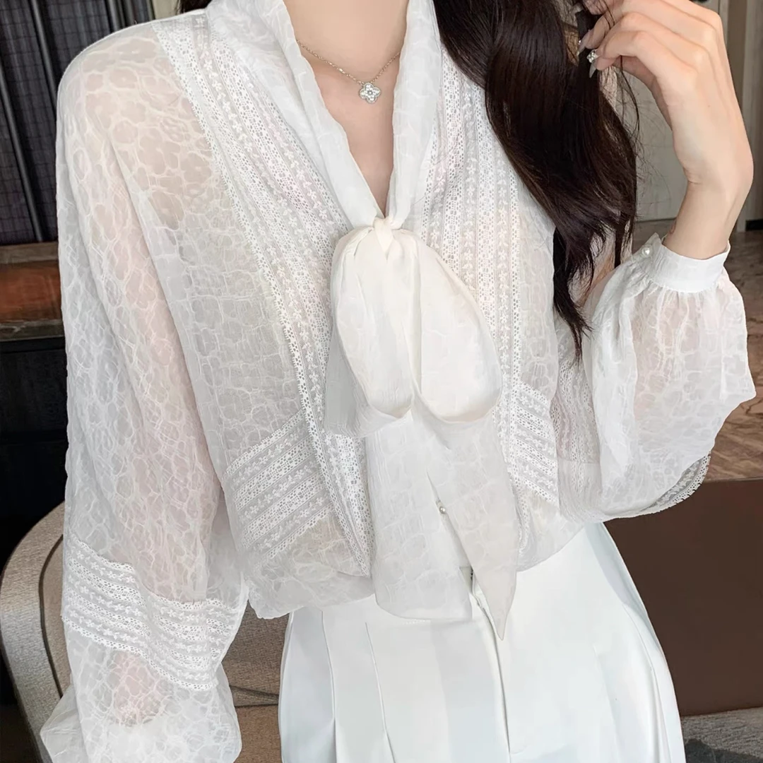 【瑶瑶专属】仙气美感 定制蕾丝拼轻复古蝴蝶结长袖白色衬衫上衣