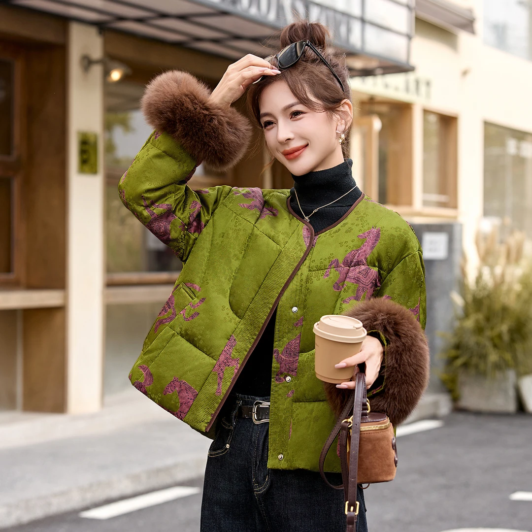 高级感复古国风新中式拼接保暖羽绒服女2025冬季新款白鸭绒外套潮
