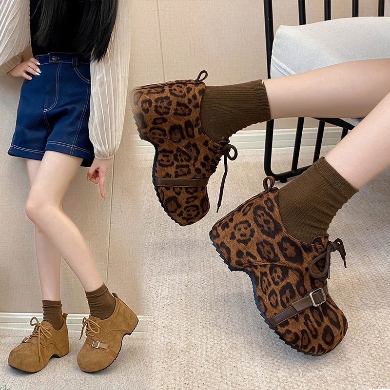 丑萌大头面包鞋女2025新款秋冬百搭厚底鞋子超火豹纹高帮休闲女鞋