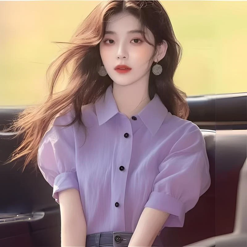 洋气独特别致上衣夏季女装新款小衫淡紫色Polo领泡泡短袖衬衫