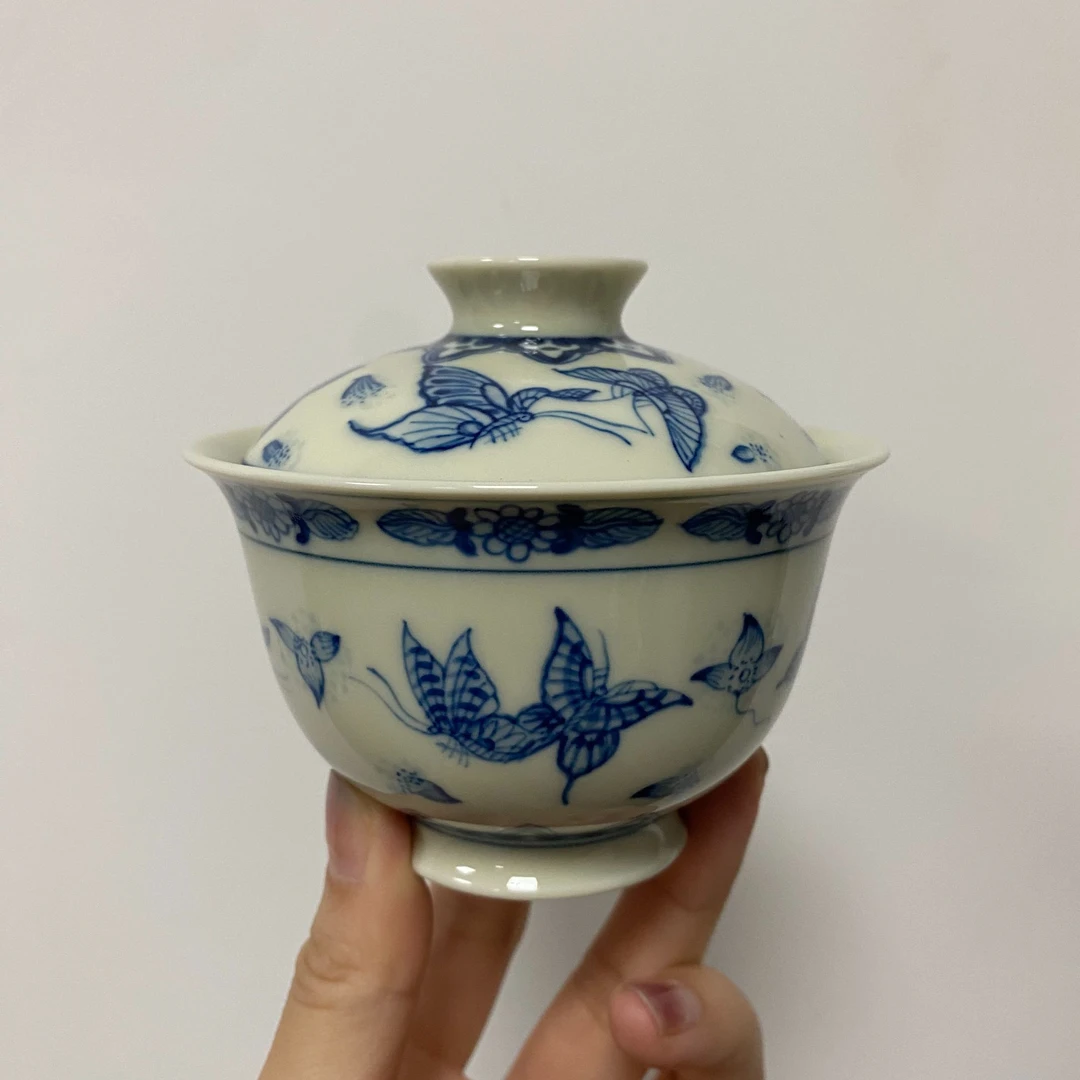 柴窯宣纸黄蝶恋花二才盖碗HJSF0127