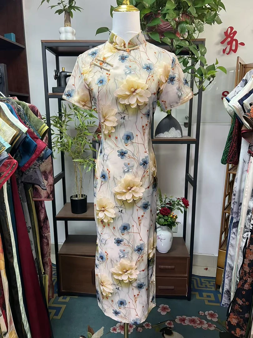 【612】125cm气质3D立体花型单层薄款旗袍