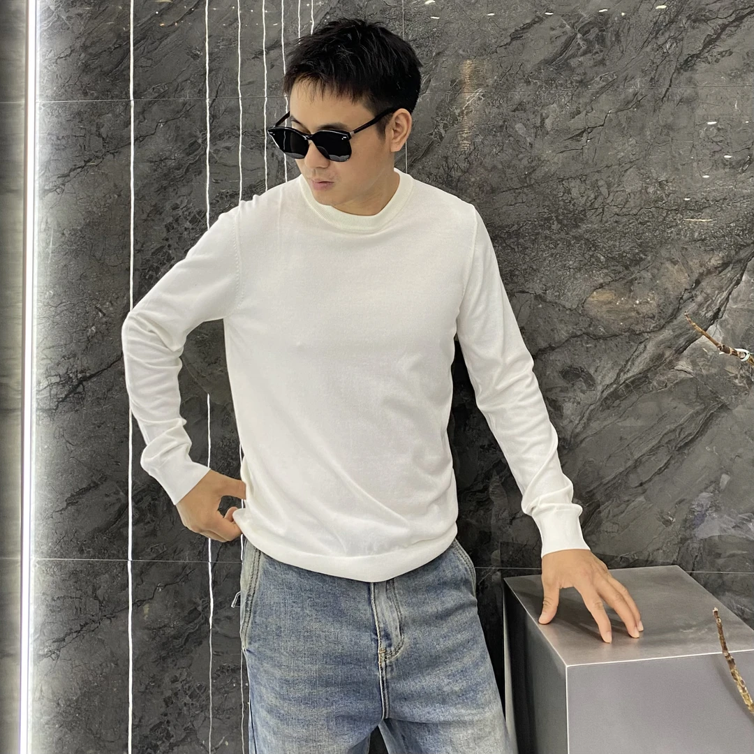 秋冬桑蚕丝羊毛混纺修身纯色净版针织衫长袖T恤痞帅百搭打底衫