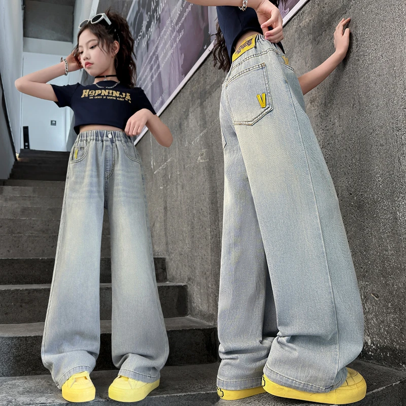 女童裤子春夏季薄款2025新款儿童洋气浅色牛仔裤中大童直筒阔腿裤
