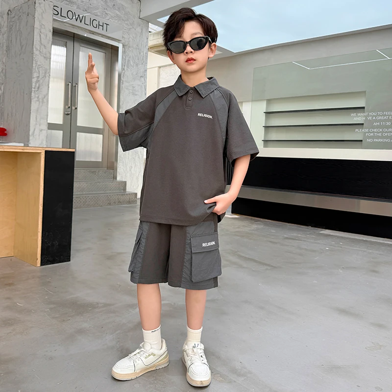 男童polo衫套装夏季2025新款儿童短袖t恤两件套中大童衣服纯棉潮