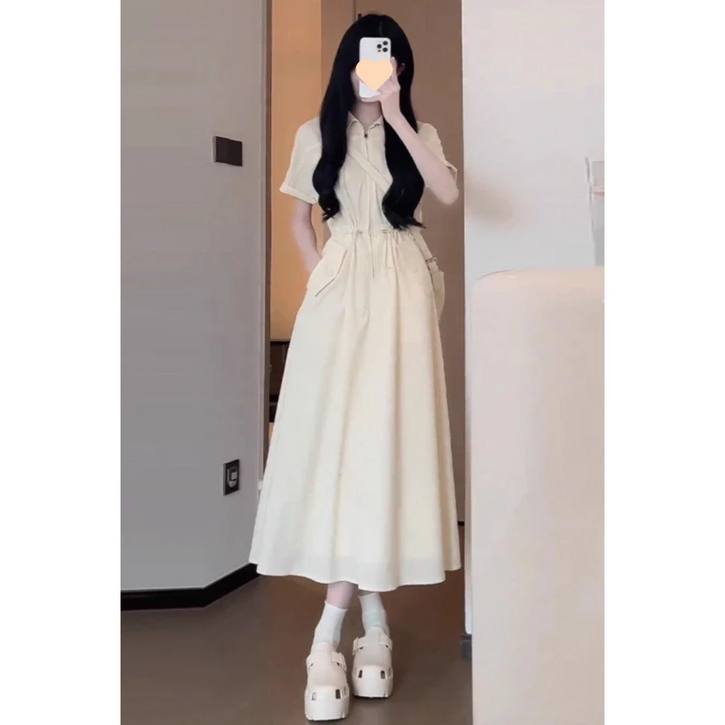 大码韩系抽绳收腰连衣裙女夏季微胖mm显瘦polo领工装法式气质裙子