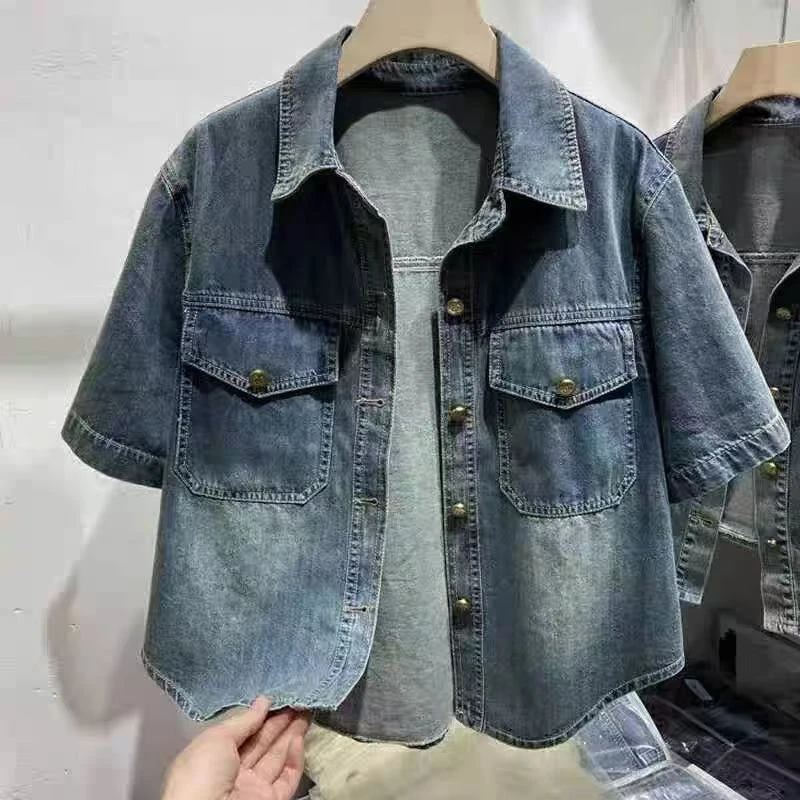 2025夏季新款百搭短款宽松休闲衬衣开衫欧洲站短袖牛仔衬衫外套女