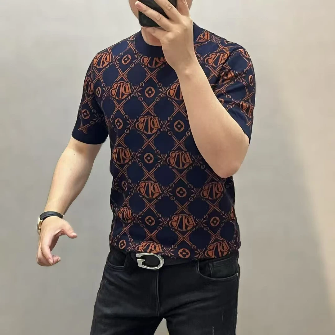 新款高端男士潮流针织时尚圆领短袖格纹字母图案T恤88121