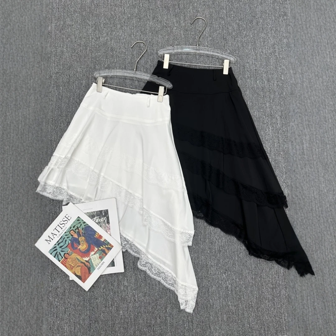 现货【蕾丝不规则半裙】2025夏新品高腰显瘦花边不对称斜边半身裙女