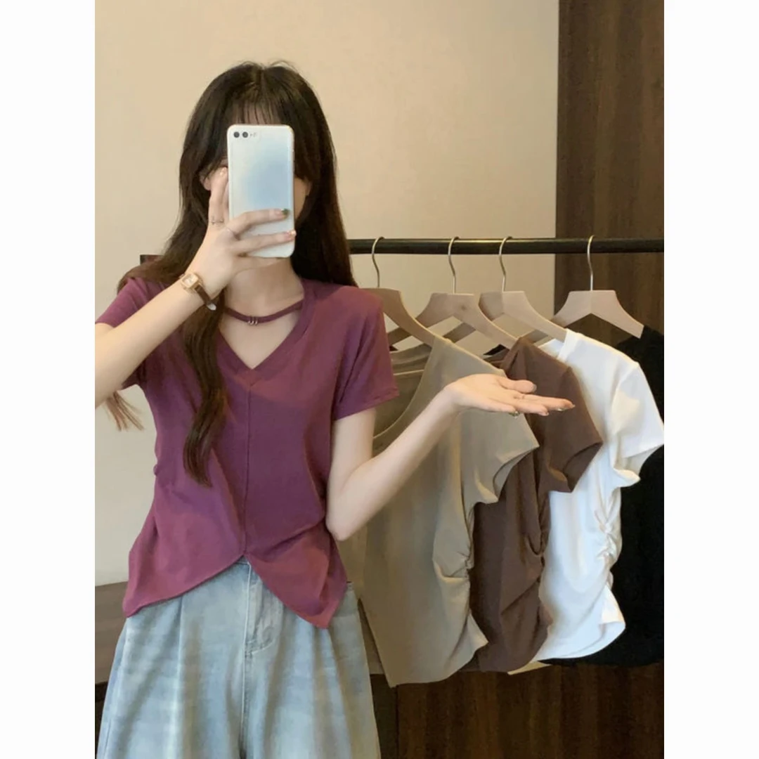 不规则开叉短款上衣正肩T恤女夏季大码独特别致2025年镂空v睡衣女