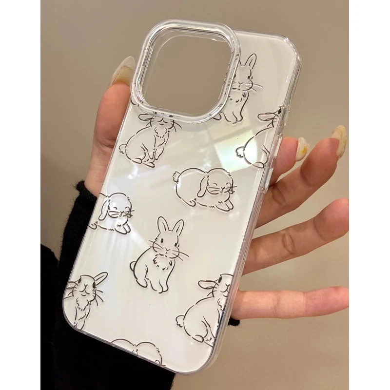 兰知春序满屏线条兔子适用17pro手机壳iPhone16唯美15白底IMD