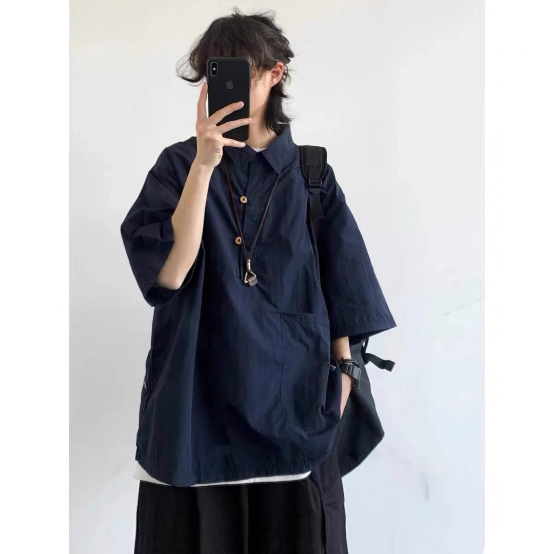 日系复古cityboyPOLO衬衣男夏季薄款ins宽松休闲百搭翻领短袖衬衫