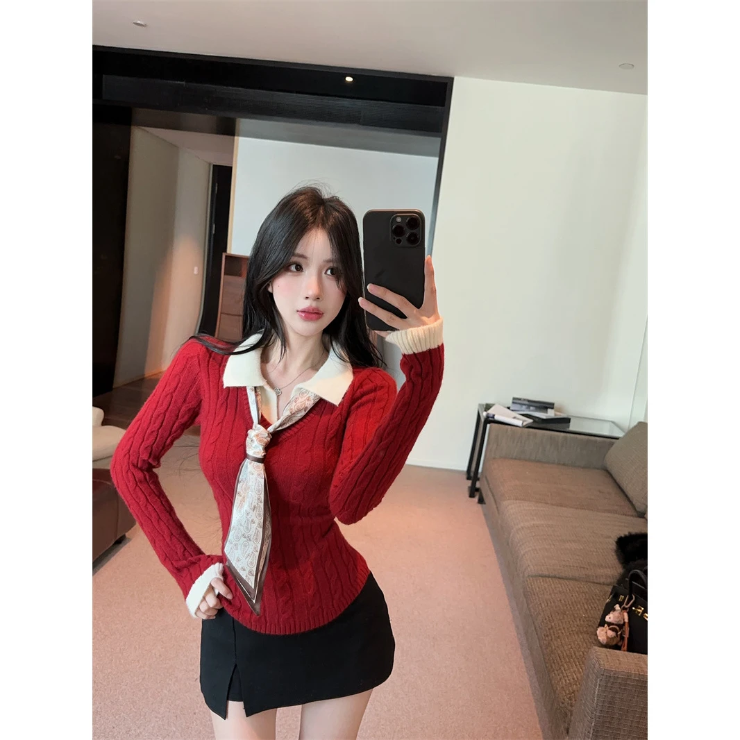 上衣开衫显瘦短款复古拼接假两件内搭加厚麻花针织毛衣女配丝巾