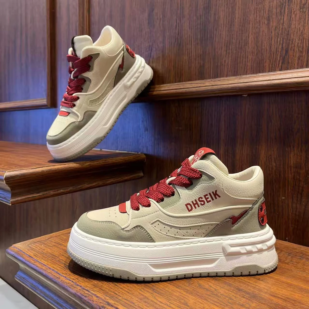 男鞋2025秋季新款中帮时尚百搭皮面厚底休闲鞋潮流系带男生鞋子