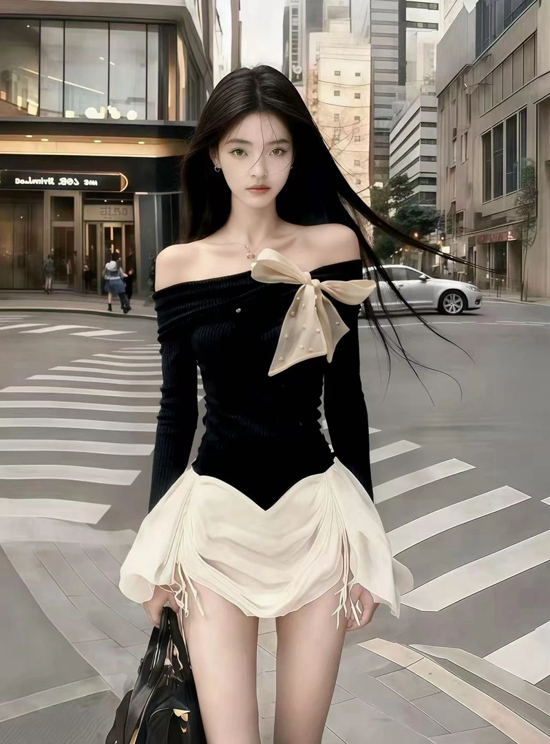 韩版静奢时尚纯欲辣妹风黑色一字肩蝴蝶结露肩抹胸修身连衣裙女